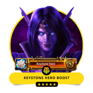 Epic WoW character holding a keystone, representing SkipTheGrind.Online's Keystone Hero Boost service for Mythic+ dungeons.