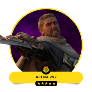 Two World of Warcraft characters in epic armor ready for Arena 2v2 battle, showcasing SkipTheGrind.Online’s WoW 2v2 Arena Rating Boost.
