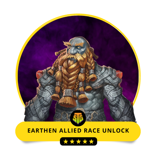 WoW Earthen character in stone armor, representing SkipTheGrind.Online’s Earthen Allied Race Unlock service for fast race access.