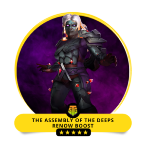 WoW character in dark armor, representing SkipTheGrind.Online's Assembly of the Deeps Renown Boost service for quick reputation gains.